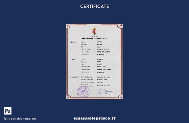 modello PSD del certificato di matrimonio ungherese in stile verificato